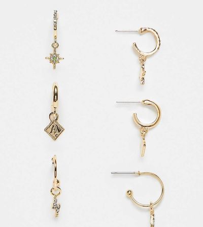 FADED FUTURE Faded Future pack of 3 charm earrings with rhinestones in gold