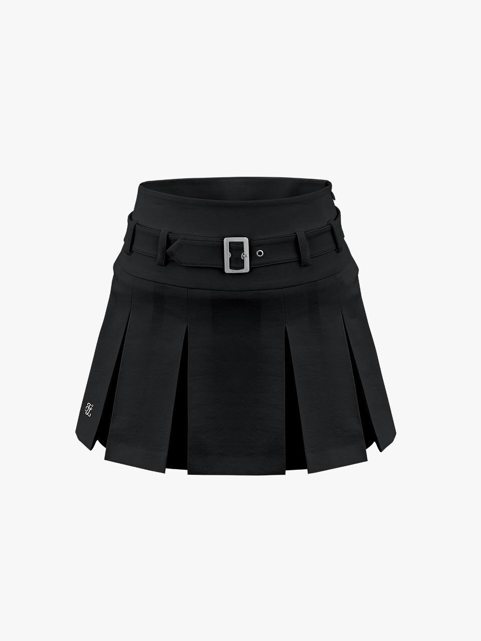 FAIRLIAR GOLF Belt Pleated A-line Skirt [Black]