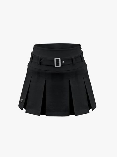 FAIRLIAR GOLF Belt Pleated A-line Skirt [Black]