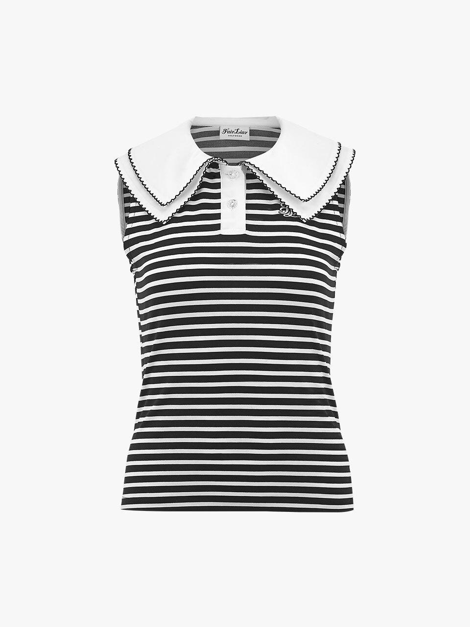 FAIRLIAR GOLF Double Collar Striped Jewel Button Sleeveless T-shirt [Black]