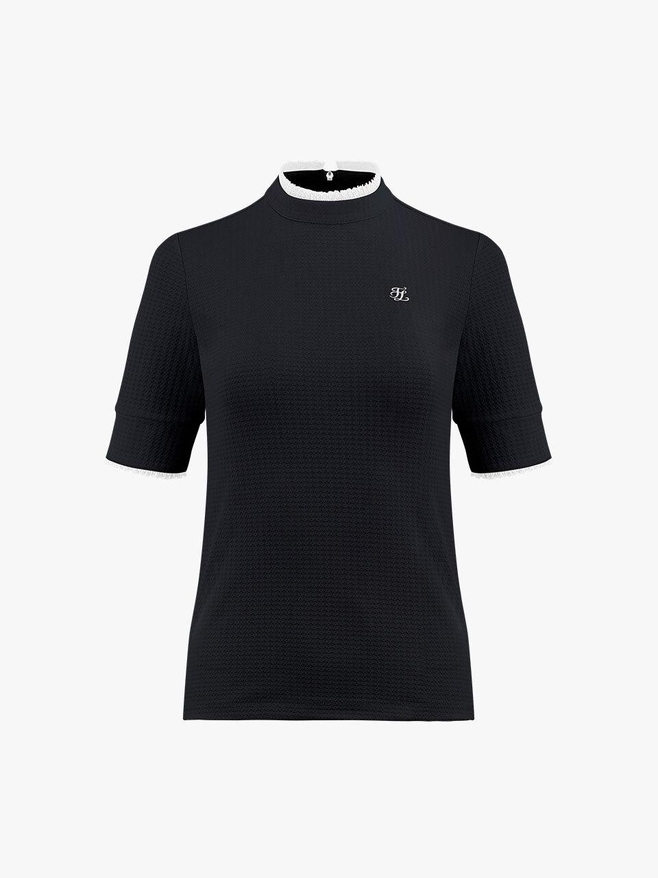 FAIRLIAR GOLF Frilled High-Neck Three-Quarter Sleeve Slim Fit T-shirt [Black]