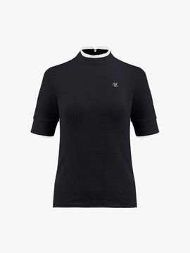 FAIRLIAR GOLF Frilled High-Neck Three-Quarter Sleeve Slim Fit T-shirt [Black]