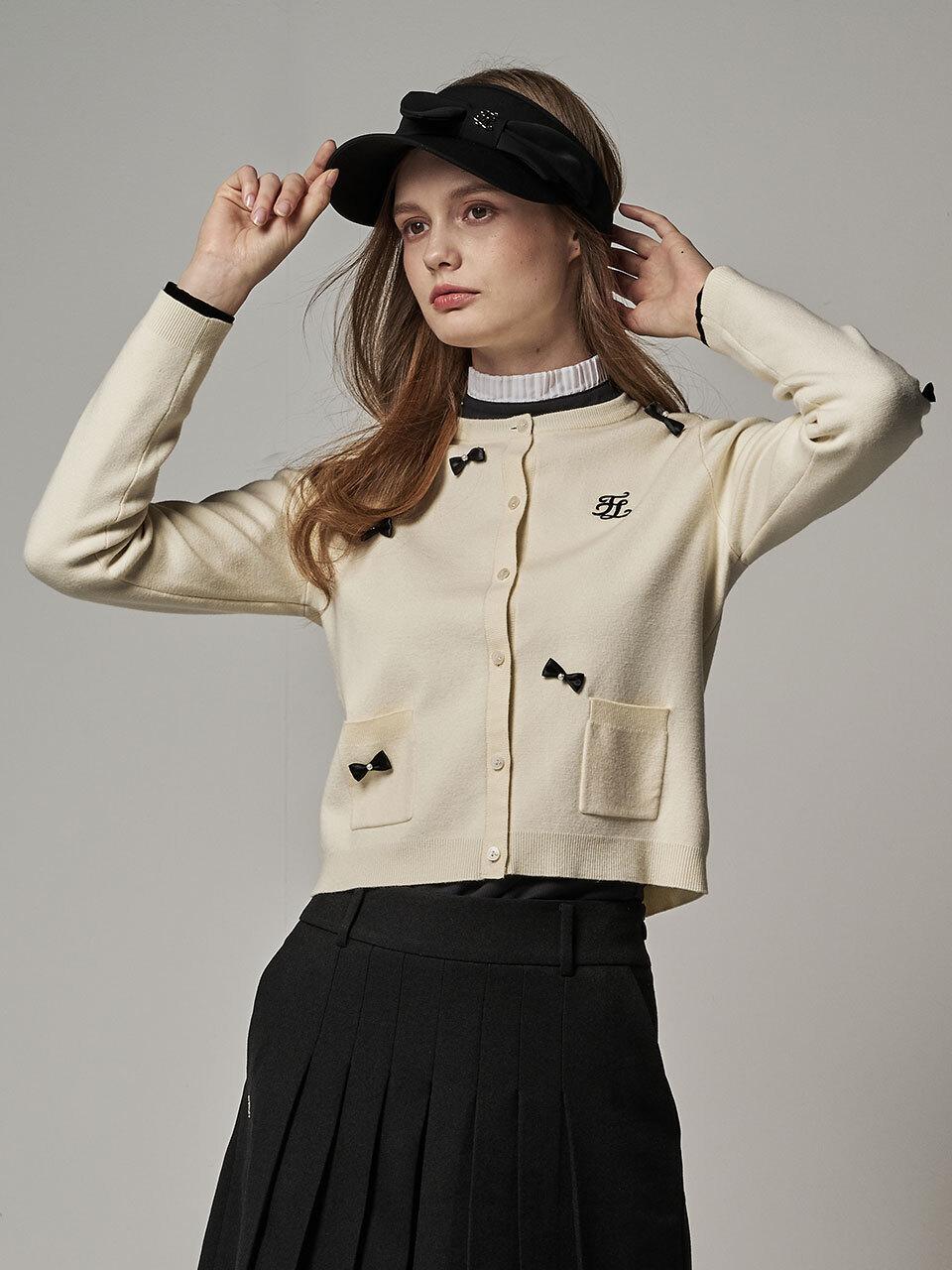 FAIRLIAR GOLF Mini Ribbon Pocket Round Neck Semi-Crop Cardigan [Cream]