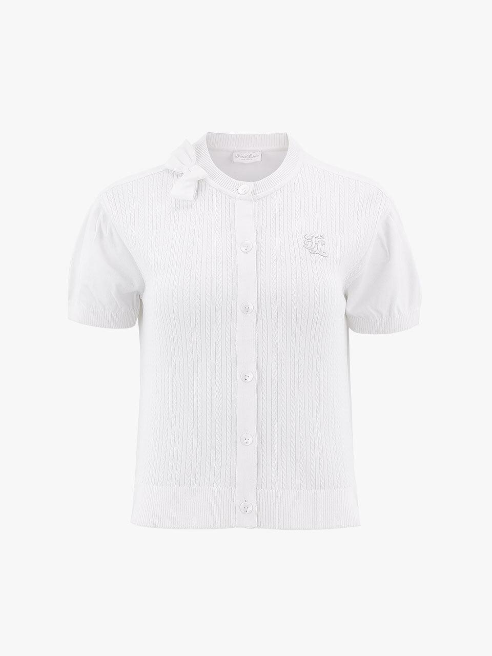 FAIRLIAR GOLF Round Neck Puff Sleeve Ribbon Cardigan [Beige]