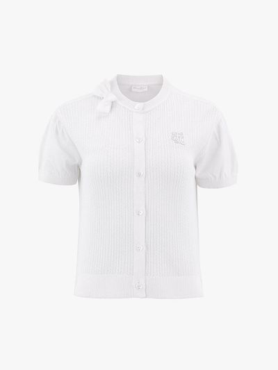 FAIRLIAR GOLF Round Neck Puff Sleeve Ribbon Cardigan [Beige]