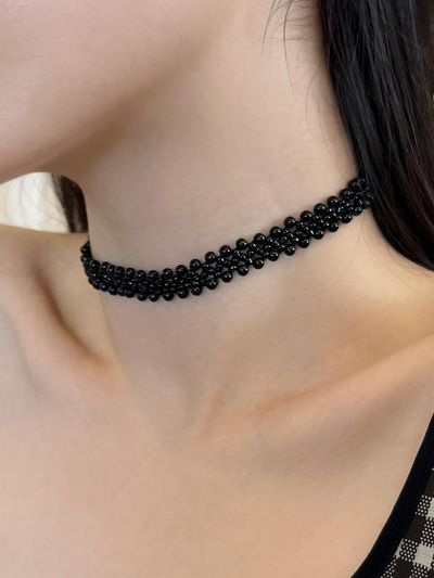 FANTASTIC PLANET Elastic Adjustable Black Beads Choker [Black]