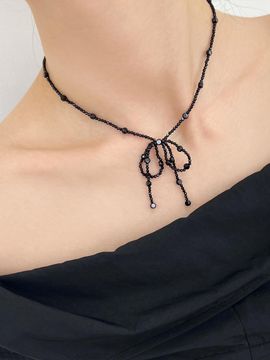 FANTASTIC PLANET Handcrafted Adjustable Ribbon Beads Necklace [BLACK]