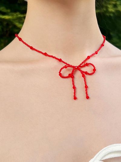 FANTASTIC PLANET Handcrafted Adjustable Ribbon Beads Necklace [RED]
