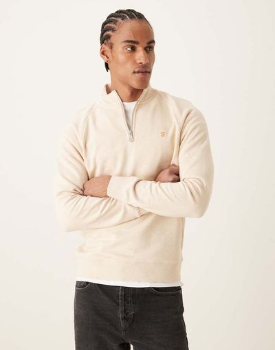 Farah Farah Jim 1/4 zip logo sweatshirt in beige-Neutral
