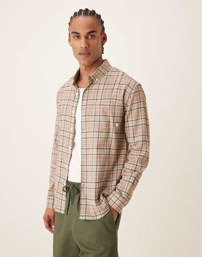Farah Farah Sands long sleeve logo shirt in taupe brown plaid