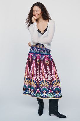 Farm Rio 100% Cotton Smocked Midi Skirt