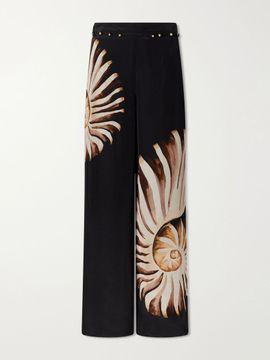 FARM RIO Ammonite printed embellished habotai wide-leg pants