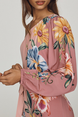 farm rio pink one shoulder dress One-shoulder cutout printed satin midi dress - pink