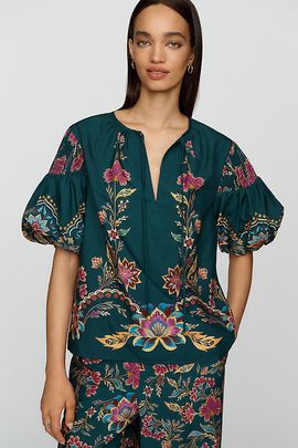 Farm Rio Cotton Blend Printed Puff Sleeve Blouse