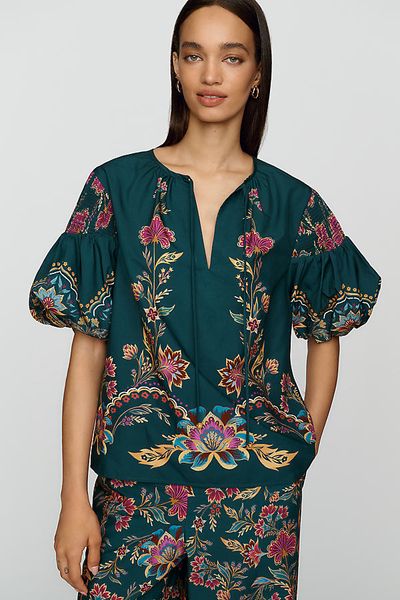Farm Rio Cotton Blend Printed Puff Sleeve Blouse