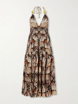 FARM RIO Embellished printed shirred tiered georgette halterneck midi dress