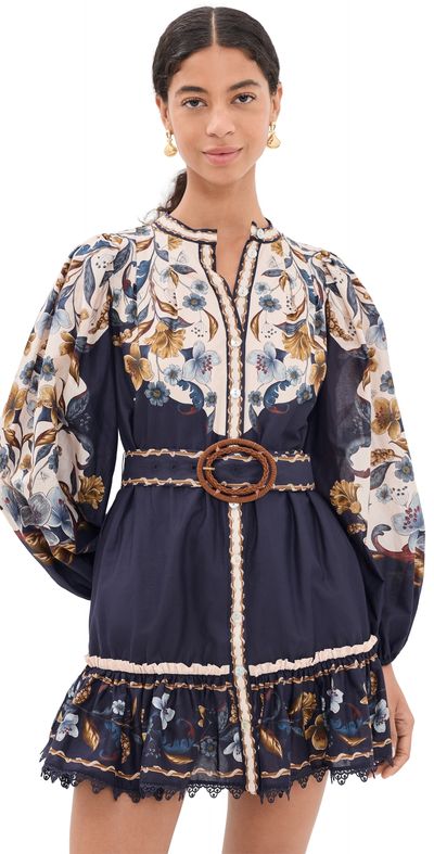 FARM Rio FARM Rio Belted Pattern Mini Dress Golden Nature Navy Blue
