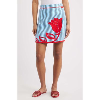 FARM Rio FARM Rio Blue Sky Stripes Floral Appliqué Linen Wrap Miniskirt 