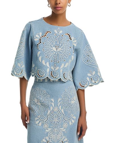 Farm Rio Farm Rio Cropped Denim Embroidered top