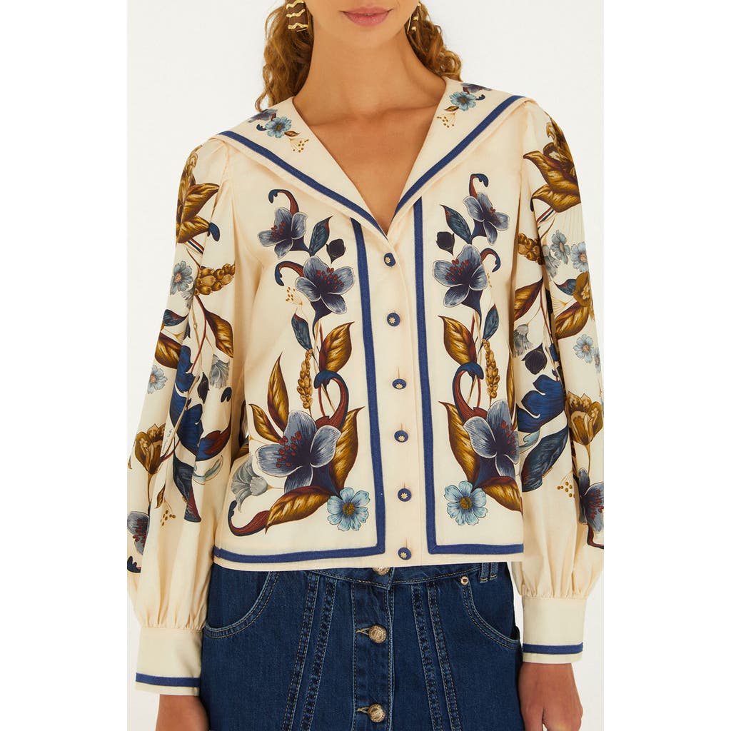 FARM Rio FARM Rio Golden Nature Floral Sailor Collar Button-Up Top