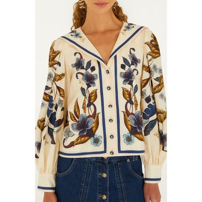 FARM Rio FARM Rio Golden Nature Floral Sailor Collar Button-Up Top