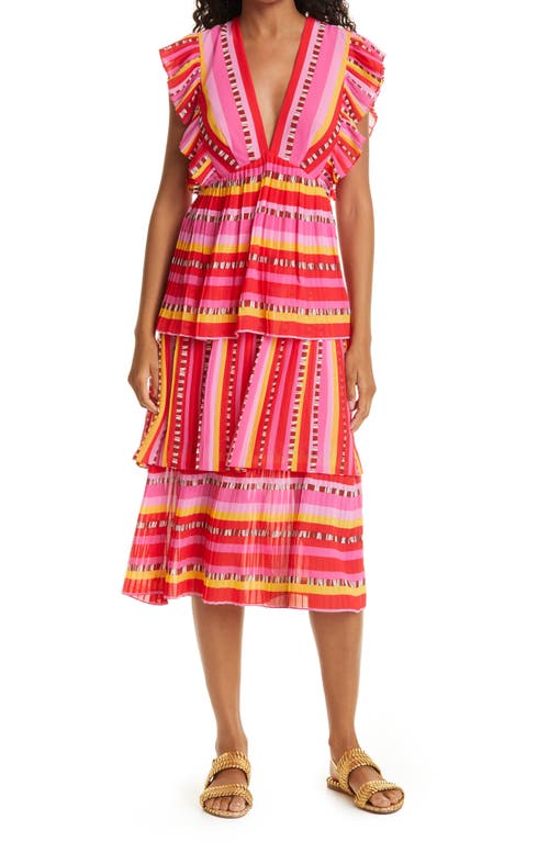 FARM Rio FARM Rio Lucy Stripes Tiered Pleated Midi Dress