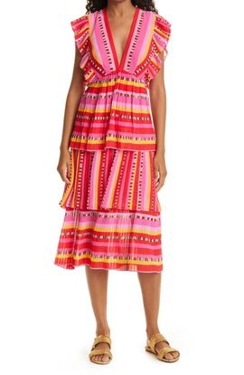 FARM Rio FARM Rio Lucy Stripes Tiered Pleated Midi Dress