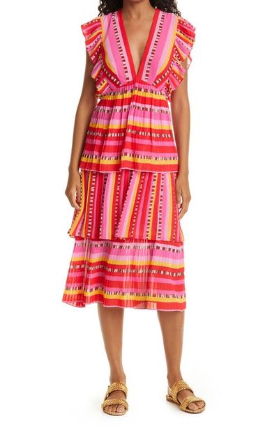 FARM Rio FARM Rio Lucy Stripes Tiered Pleated Midi Dress