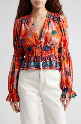 FARM Rio FARM Rio Marias Floral Plunge Neck Peplum Top