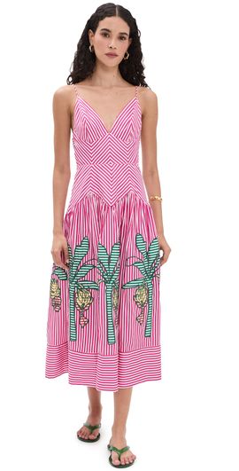 FARM Rio FARM Rio Palm Tree Cutwork Stripes Midi Dress Multi