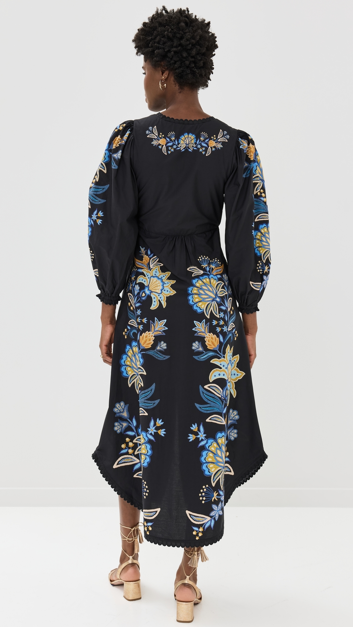 knee length dresses for ladies Farm Rio Black Chenille Flowers Long Sleeve Midi Dress, Chenille Flowers Black / S