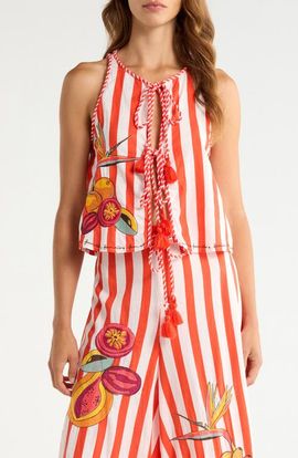 FARM Rio FARM Rio Stripe Fruit Embroidered Tie Front Cover-Up Top 