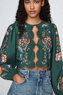 Farm Rio Farm Rio x Anthropologie 100% Cotton Scalloped Tie-Front Blouse