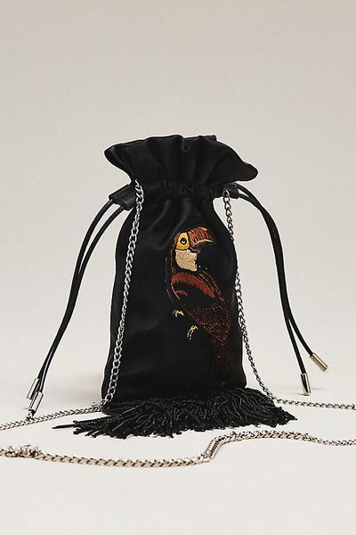 Farm Rio Fringe Satin Bucket Bag