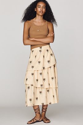Farm Rio Linen Blend Embroidered Sand Midi Skirt