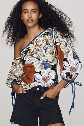 Farm Rio Linen Blend One-Shoulder Puff-Sleeve Blouse