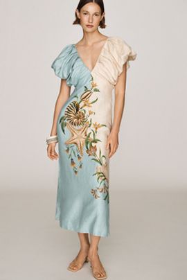Farm Rio Marine Garden 100% Linen Midi Dress