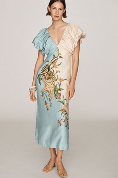 Farm Rio Marine Garden 100% Linen Midi Dress