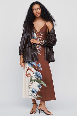Farm Rio Millena Two-Tone Floral Slip Midi Dress