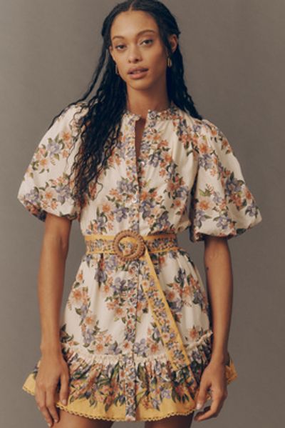 Farm Rio Sand Hilo Belted Short-Sleeve Mini Dress