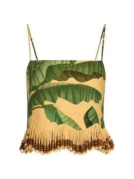 Farm Rio Women's Beaded Fringed Linen-Blend Top
