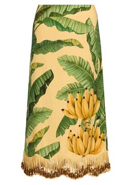 Farm Rio Women's Beaded Fringed Printed Linen-Blend Midi-Skirt