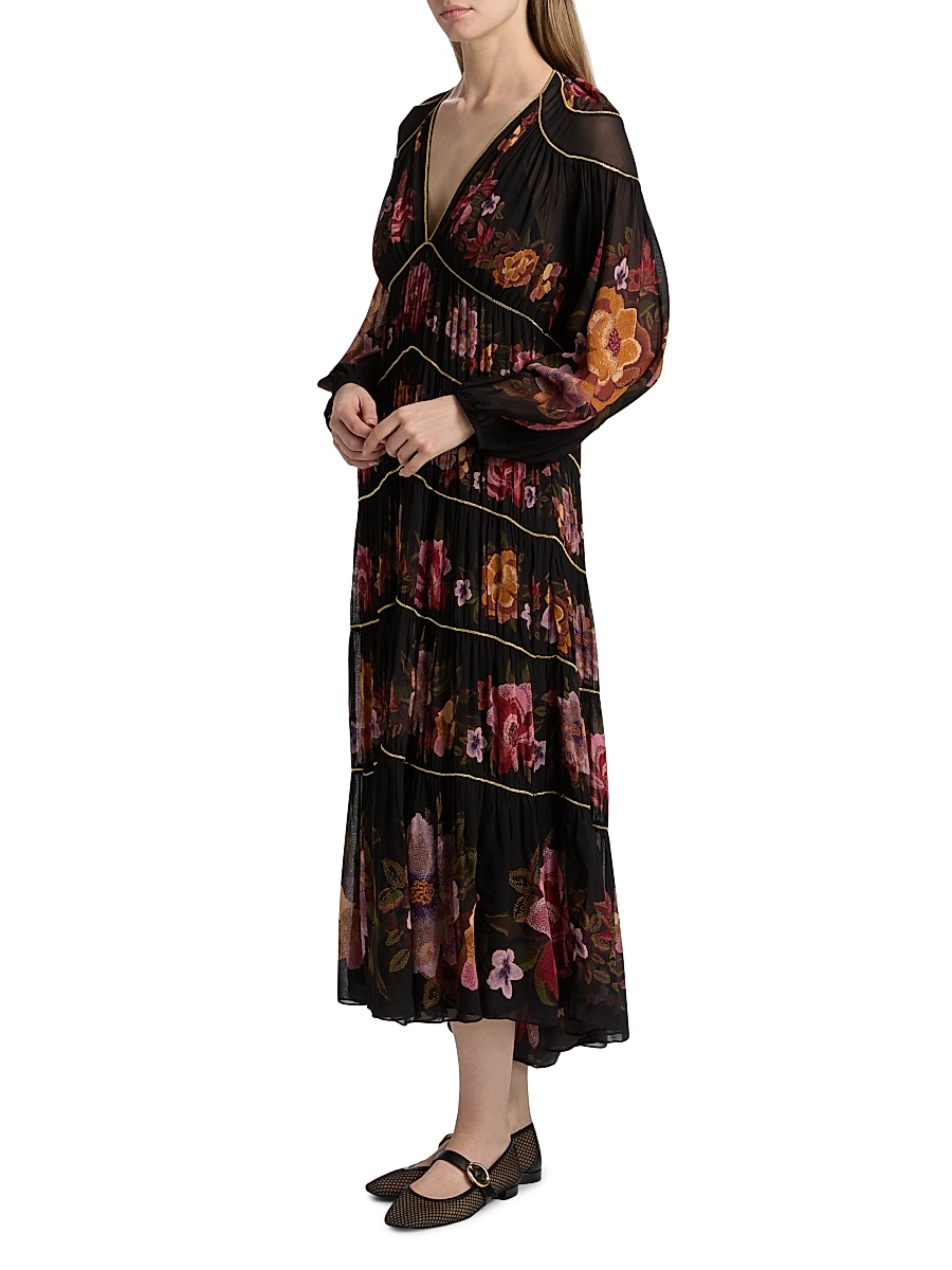 farm rio black chenille flowers midi dress Black Chenille Flowers Long Sleeve Midi Dress