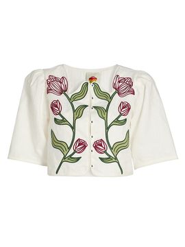 Farm Rio Women's Floral-Embroidered Linen Crop Top
