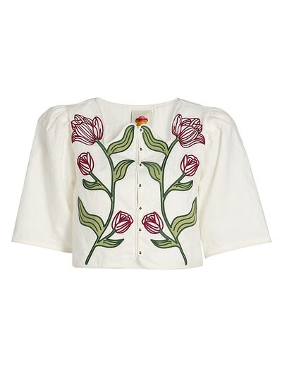 Farm Rio Women's Floral-Embroidered Linen Crop Top