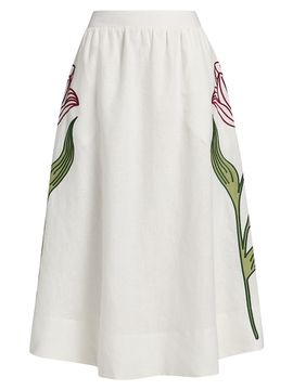 Farm Rio Women's Floral-Embroidered Linen Midi-Skirt