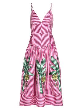 Farm Rio Women's Palm Tree Cutwork Striped Midi-Dress