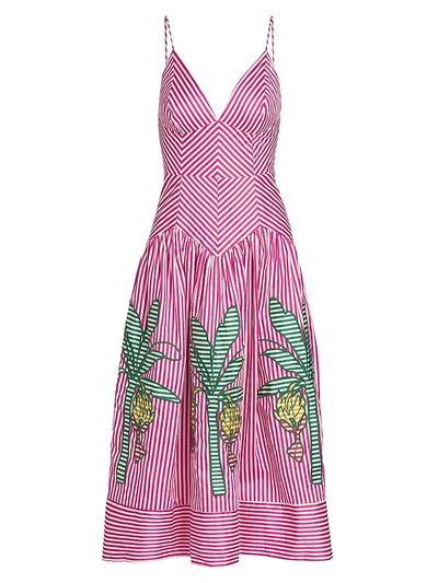 Farm Rio Women's Palm Tree Cutwork Striped Midi-Dress