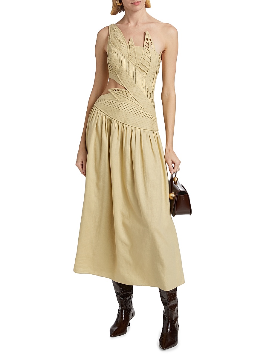 farm rio linen-blend cut-out midi-dress Farm Rio Printed Linen Blend V-Neck Cutout A-Line Midi Dress