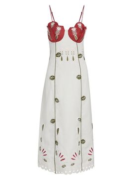 Farm Rio Women's Tulip Richilieur Embroidered Linen Midi-Dress